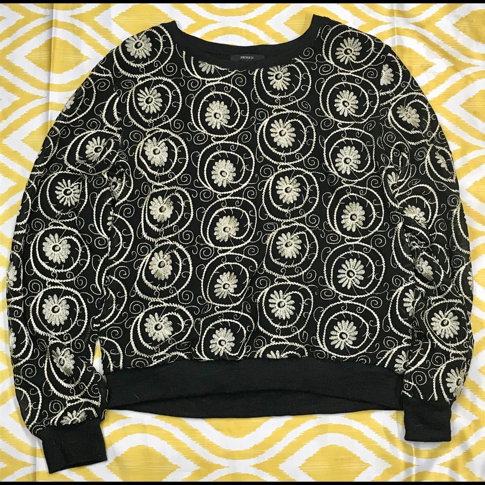 Forever 21 Black Embroidered Gold Swirl Sweater
